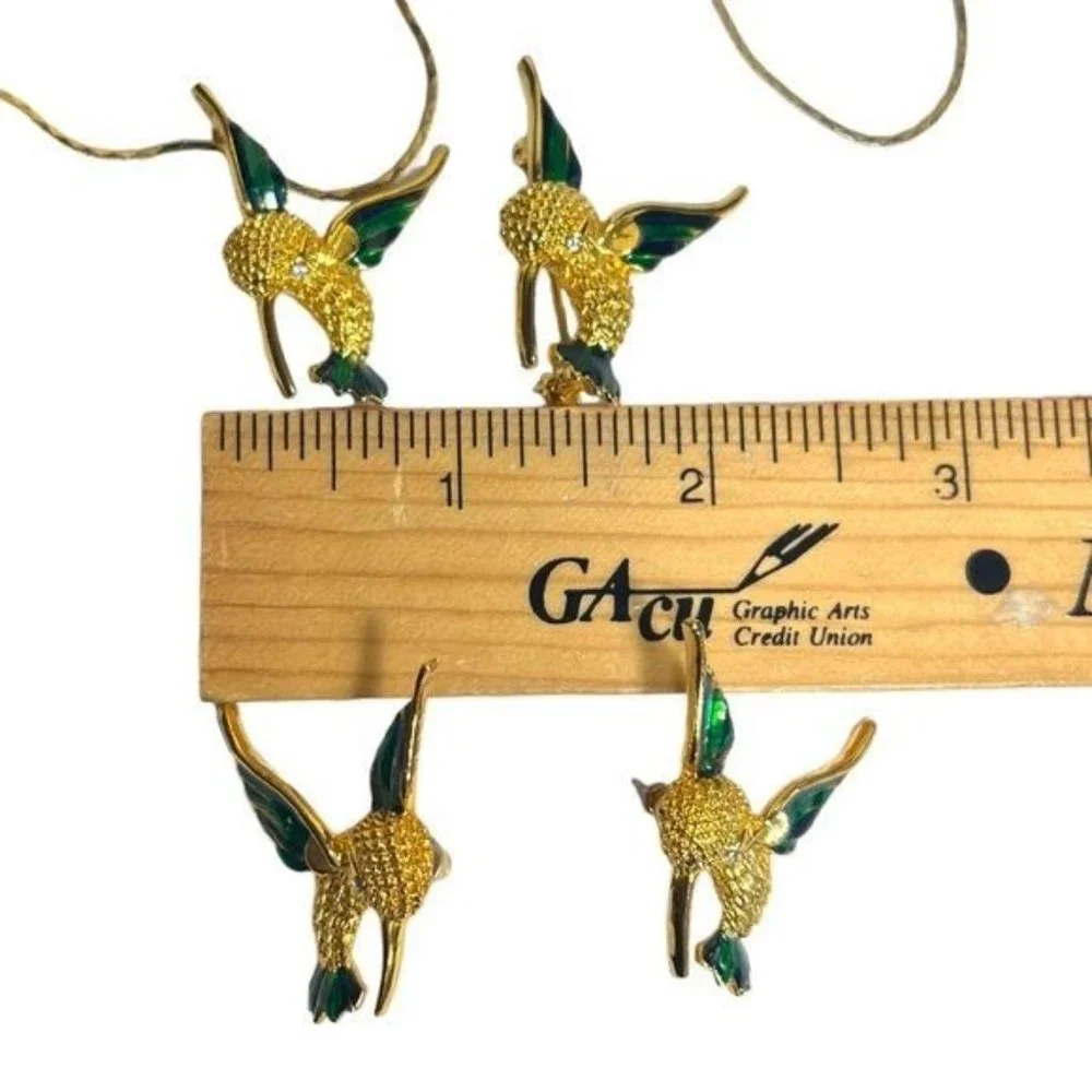 Vintage 1980s Gold Tone Hummingbird Brooch Blue Green Enamel Rhinestone Eye - Picture 6 of 7